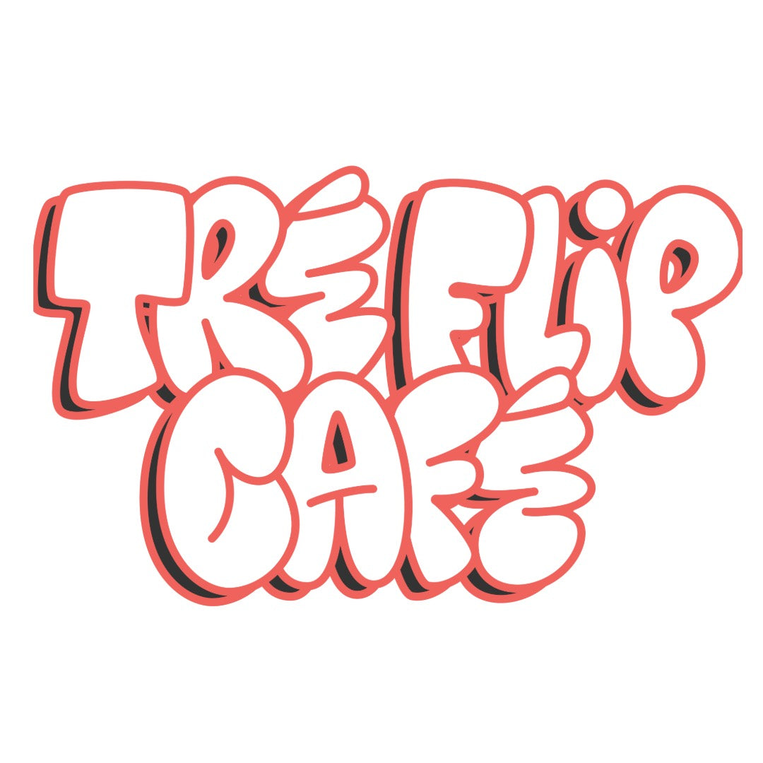 Coral-outlined Tre Flip Cafe bubble-letter logo on white